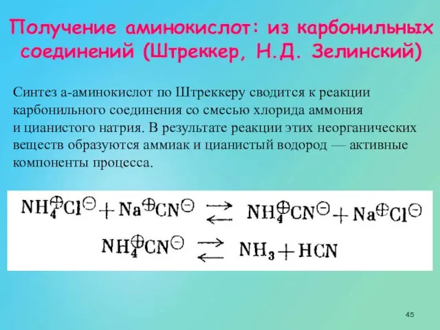 Получение аминокислот: из карбонильных соединений (Штреккер, Н.Д. Зелинский) Синтез а-аминокислот по