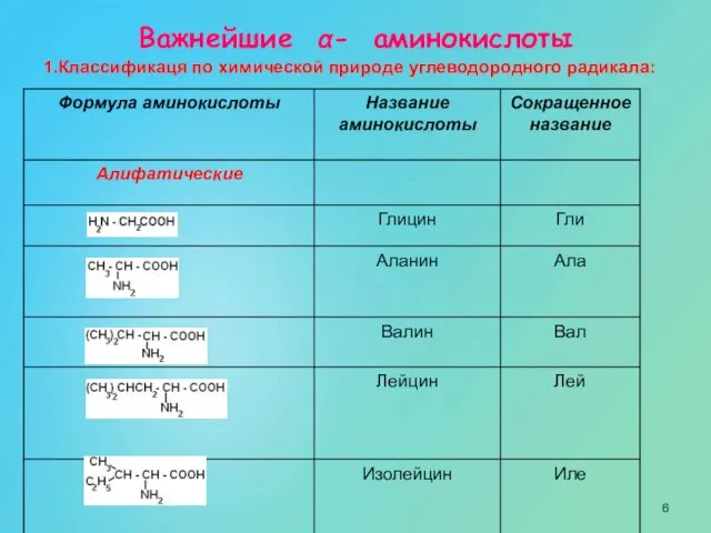 Важнейшие α- аминокислоты 1.Классификаця по химической природе углеводородного радикала: