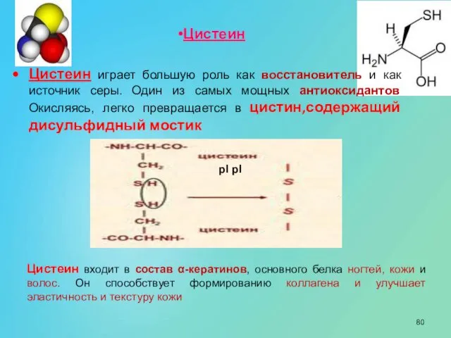 Цистеин играет большую роль как восстановитель и как источник серы. Один