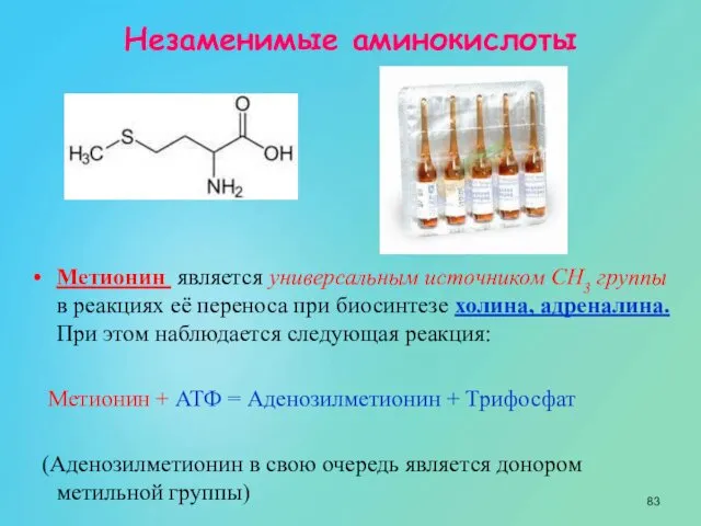 Метионин является универсальным источником СН3 группы в реакциях её переноса при