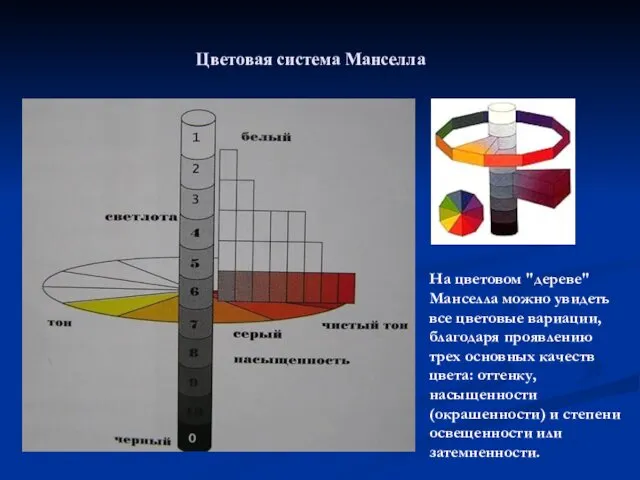 Цветовая система Манселла На цветовом "дереве" Манселла можно увидеть все цветовые