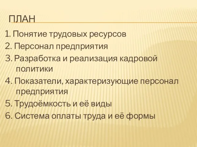 ПЛАН 1. Понятие трудовых ресурсов 2. Персонал предприятия 3. Разработка и