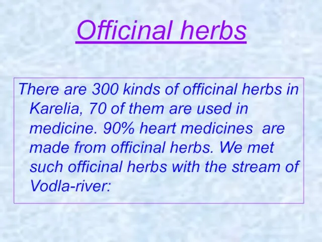 Officinal herbs There are 300 kinds of officinal herbs in Karelia,