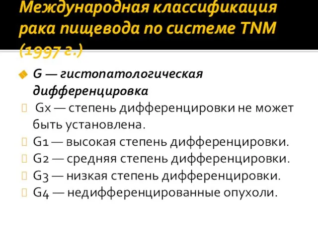 Международная классификация рака пищевода по системе TNM (1997 г.) G —