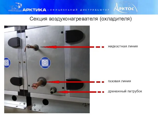 Секция воздухонагревателя (охладителя) жидкостная линия газовая линия дренажный патрубок