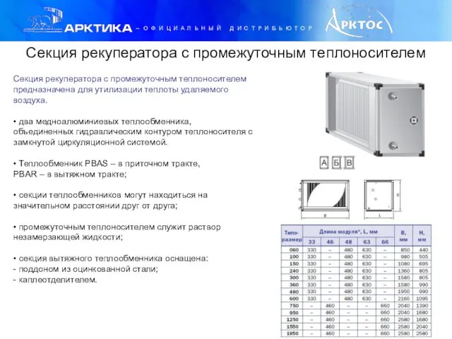 Секция рекуператора с промежуточным теплоносителем Секция рекуператора с промежуточным теплоносителем предназначена