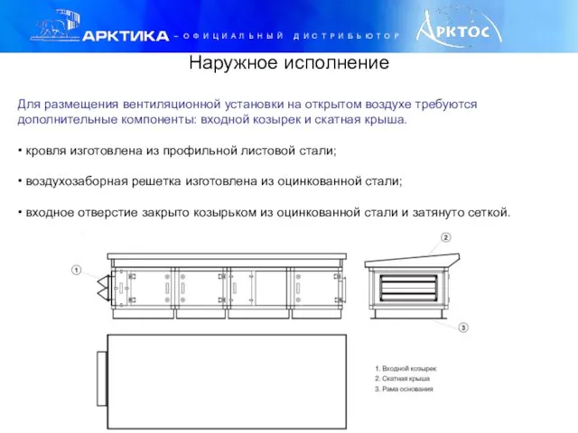 Наружное исполнение Для размещения вентиляционной установки на открытом воздухе требуются дополнительные