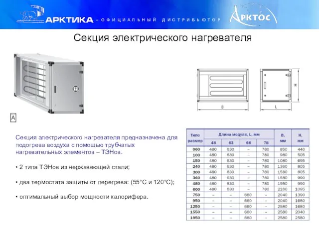 Секция электрического нагревателя Секция электрического нагревателя предназначена для подогрева воздуха с