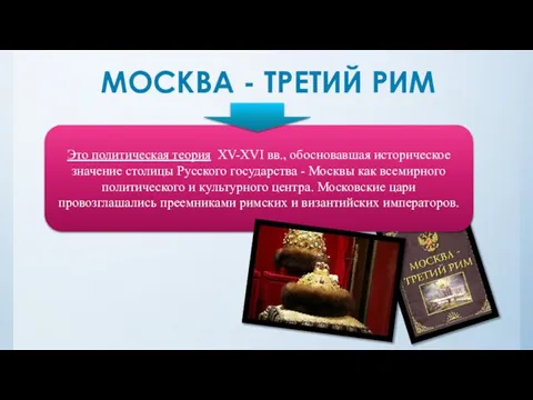 МОСКВА - ТРЕТИЙ РИМ Это политическая теория XV-XVI вв., обосновавшая историческое