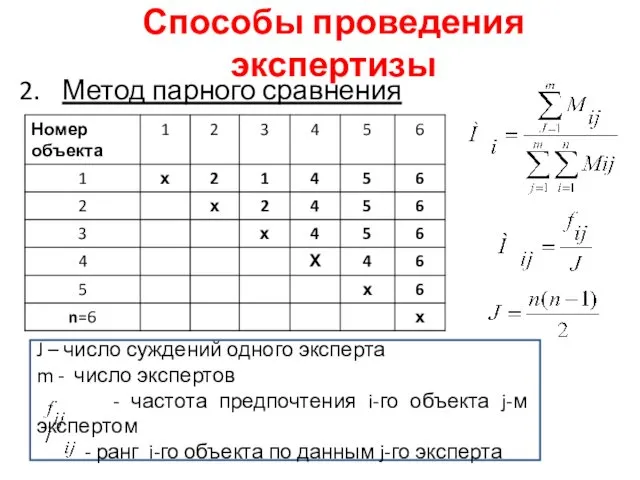 Способы проведения экспертизы Метод парного сравнения J – число суждений одного