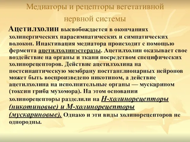 Медиаторы и рецепторы вегетативной нервной системы Ацетилхолин высвобождается в окончаниях холинергических