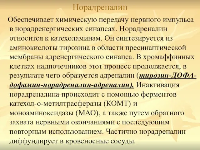 Норадреналин Обеспечивает химическую передачу нервного импульса в норадренергических синапсах. Норадреналин относится