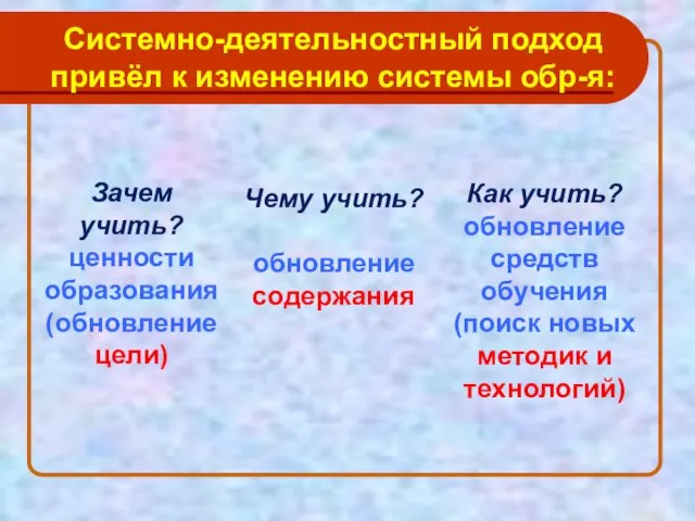 Системно-деятельностный подход привёл к изменению системы обр-я: Чему учить? обновление содержания