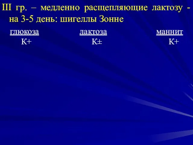 III гр. – медленно расщепляющие лактозу - на 3-5 день: шигеллы