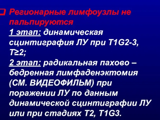 Регионарные лимфоузлы не пальпируются 1 этап: динамическая сцинтиграфия ЛУ при Т1G2-3,