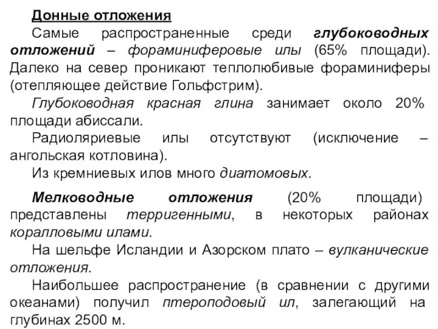 Донные отложения Самые распространенные среди глубоководных отложений – фораминиферовые илы (65%