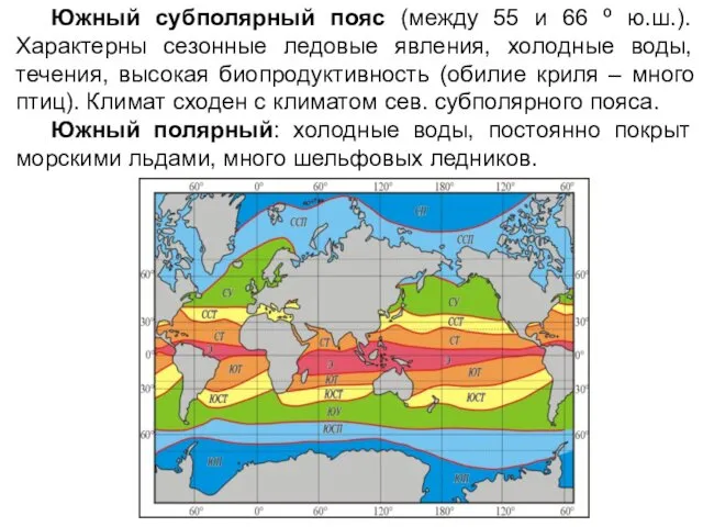 Южный субполярный пояс (между 55 и 66 º ю.ш.). Характерны сезонные