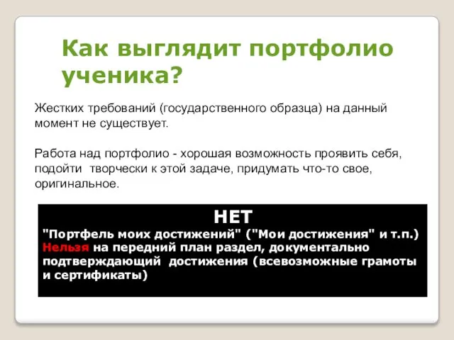 Как выглядит портфолио ученика? Жестких требований (государственного образца) на данный момент