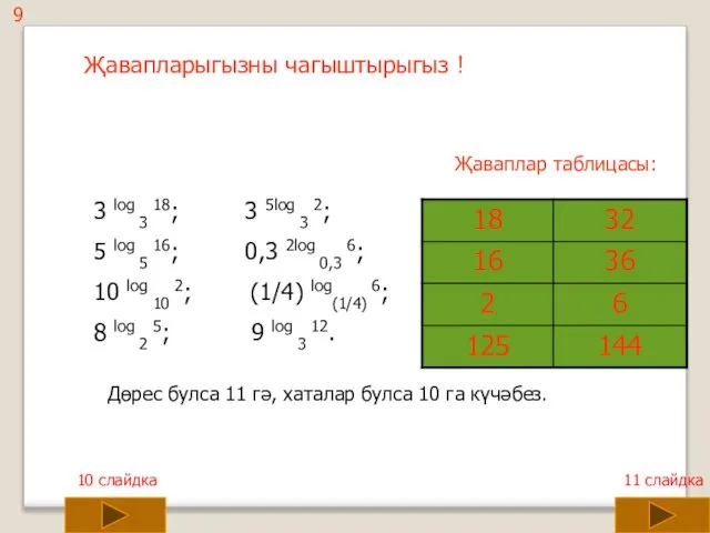 Җаваплар таблицасы: Дөрес булса 11 гә, хаталар булса 10 га күчәбез.