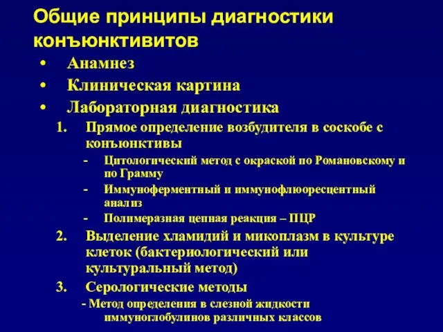 Общие принципы диагностики конъюнктивитов Анамнез Клиническая картина Лабораторная диагностика Прямое определение