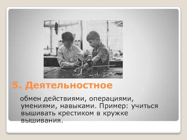 5. Деятельностное обмен действиями, операциями, умениями, навыками. Пример: учиться вышивать крестиком в кружке вышивания.