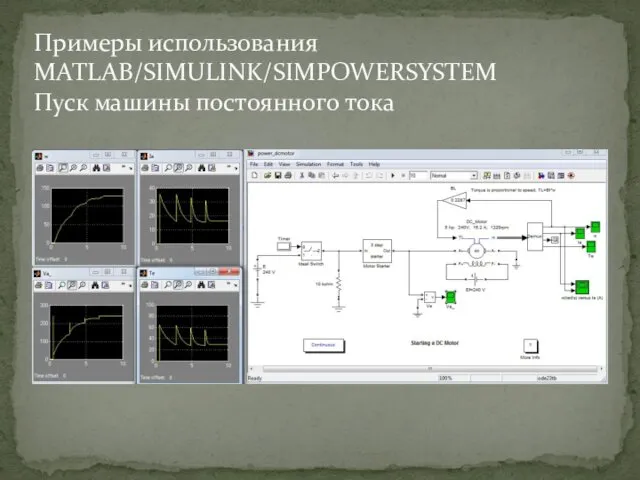 Примеры использования MATLAB/SIMULINK/SIMPOWERSYSTEM Пуск машины постоянного тока