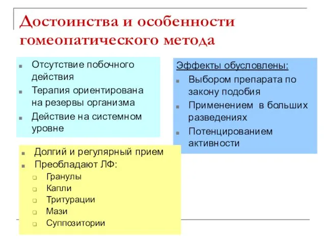 Достоинства и особенности гомеопатического метода Отсутствие побочного действия Терапия ориентирована на