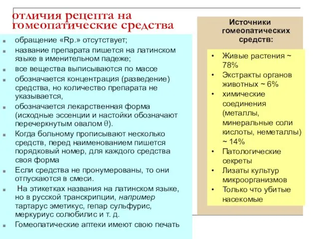 отличия рецепта на гомеопатические средства обращение «Rp.» отсутствует; название препарата пишется