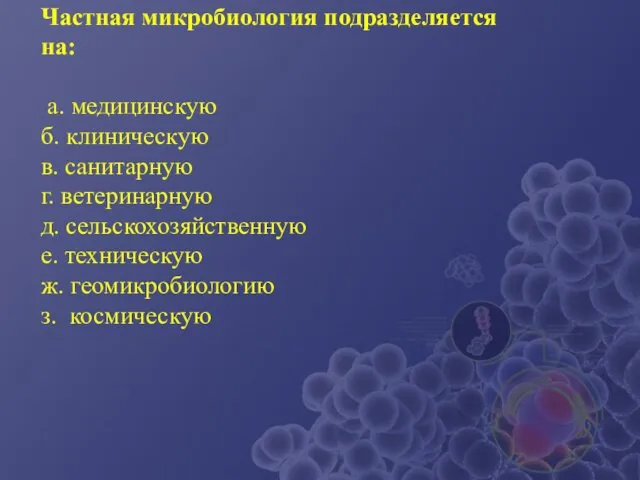 Частная микробиология подразделяется на: а. медицинскую б. клиническую в. санитарную г.