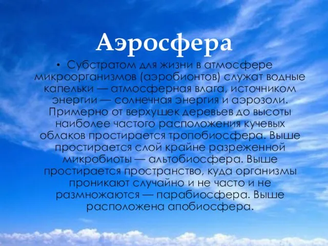 Аэросфера Субстратом для жизни в атмосфере микроорганизмов (аэробионтов) служат водные капельки