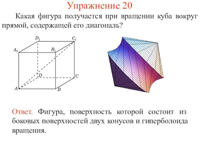 Упражнение 20 Какая фигура получается при вращении куба вокруг прямой, содержащей его диагональ?
