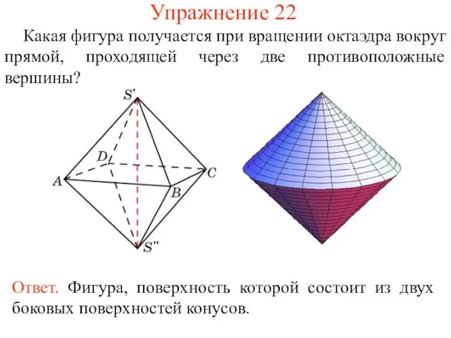 Упражнение 22 Какая фигура получается при вращении октаэдра вокруг прямой, проходящей через две противоположные вершины?