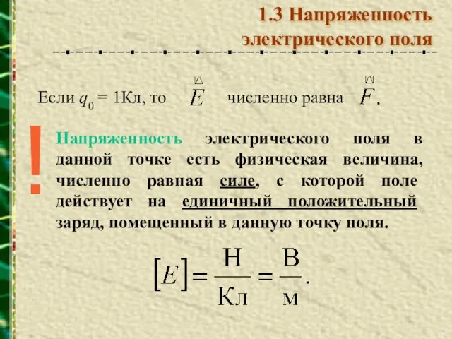 Если q0 = 1Кл, то численно равна . Напряженность электрического поля