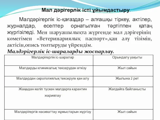 Мал дәрігерлік істі ұйымдастыру. Малдәрігерлік іс-қағаздар – алғашқы тіркеу, актілер, журналдар,