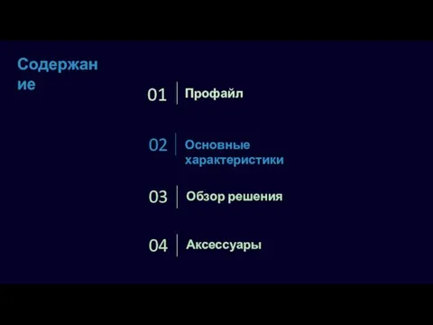 Профайл 01 02 Обзор решения 03 Аксессуары 04 Содержание Основные характеристики