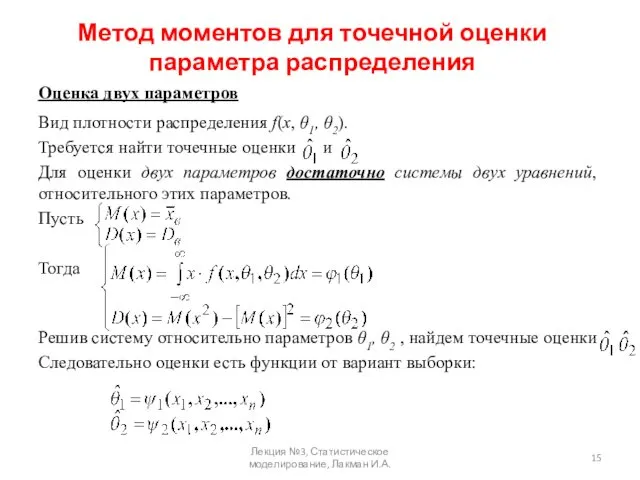 Метод моментов для точечной оценки параметра распределения Оценка двух параметров Вид