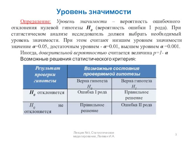 Уровень значимости Определение: Уровень значимости – вероятность ошибочного отклонения нулевой гипотезы