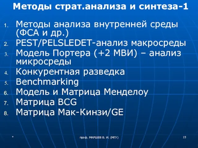 проф. МАРШЕВ В. И. (МГУ) Методы страт.анализа и синтеза-1 Методы анализа