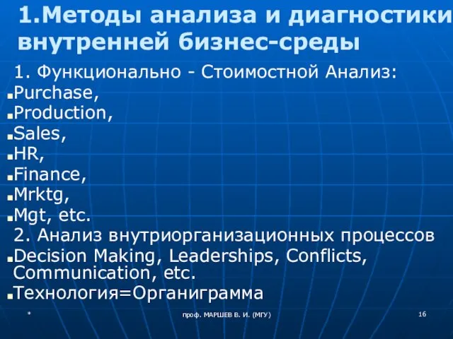 проф. МАРШЕВ В. И. (МГУ) 1.Методы анализа и диагностики внутренней бизнес-среды