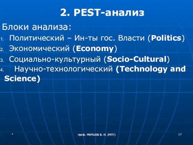 проф. МАРШЕВ В. И. (МГУ) 2. PEST-анализ Блоки анализа: Политический –