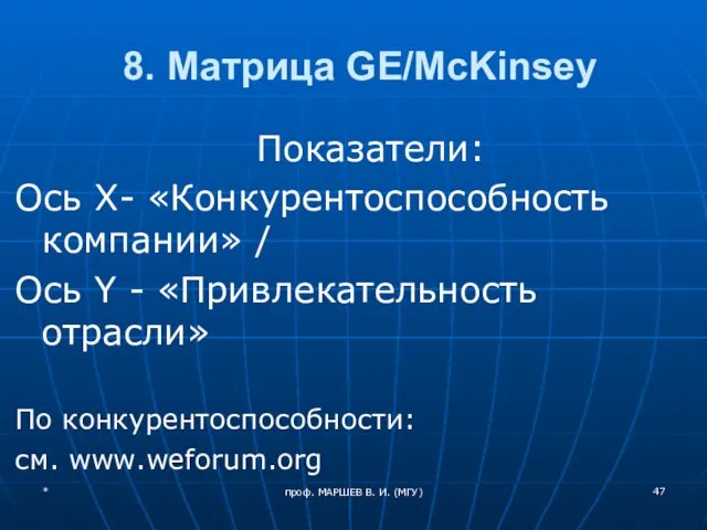 8. Матрица GE/McKinsey Показатели: Ось X- «Конкурентоспособность компании» / Ось Y