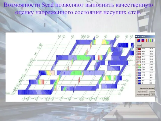 Возможности Scad позволяют выполнить качественную оценку напряженного состояния несущих стен.