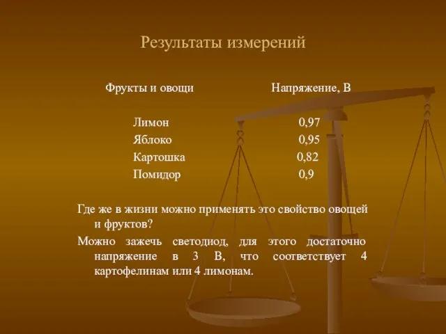 Результаты измерений Фрукты и овощи Напряжение, В Лимон 0,97 Яблоко 0,95