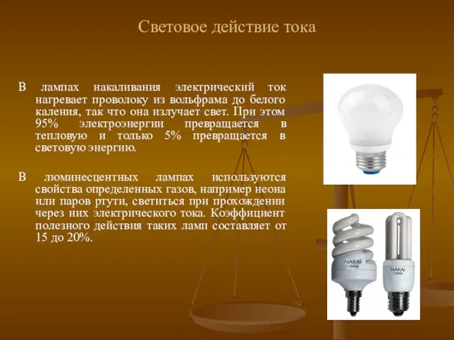 Световое действие тока В лампах накаливания электрический ток нагревает проволоку из
