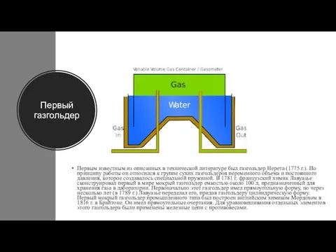 Первый газгольдер Первым известным из описанных в технической литературе был газгольдер