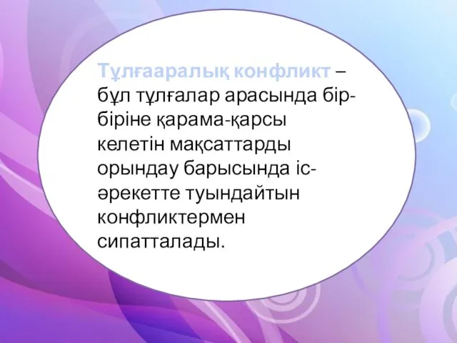 Тұлғааралық конфликт – бұл тұлғалар арасында бір-біріне қарама-қарсы келетін мақсаттарды орындау барысында іс-әрекетте туындайтын конфликтермен сипатталады.