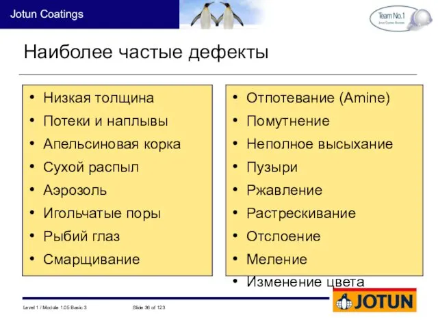 Наиболее частые дефекты Низкая толщина Потеки и наплывы Апельсиновая корка Сухой