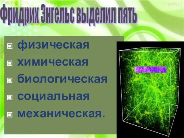 физическая химическая биологическая социальная механическая. Фридрих Энгельс выделил пять форм движения материи: