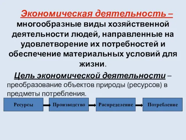 Экономическая деятельность – многообразные виды хозяйственной деятельности людей, направленные на удовлетворение