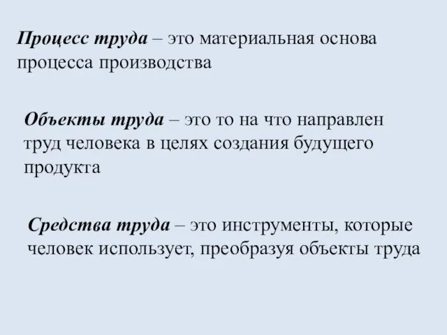 Процесс труда – это материальная основа процесса производства Объекты труда –